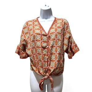 Max Studio Boho Floral Tie Front Blouse Flowy Ruffle Sleeve Size M